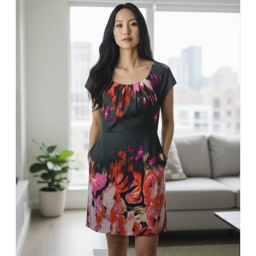 Elie Tahari Black/Multicolor Floral Sheath Dress Size 12